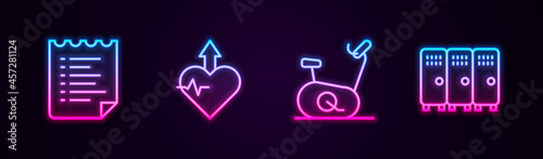 Set line Sport training program, Heartbeat increase, Stationary bicycle and Locker changing room. Glowing neon icon. Vector