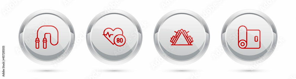 Fototapeta premium Set line Jump rope, Heart rate, Metal rack with weight and Fitness mat roll. Silver circle button. Vector