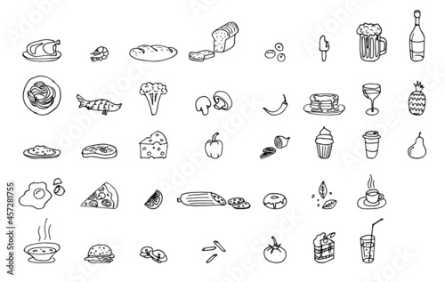Food and drink doodle sketch icon set. Vector drawing symbols art collection. Graphic hand-drawn signs template for menu cafe  restaurant  cooking business. Isolated eps illustration