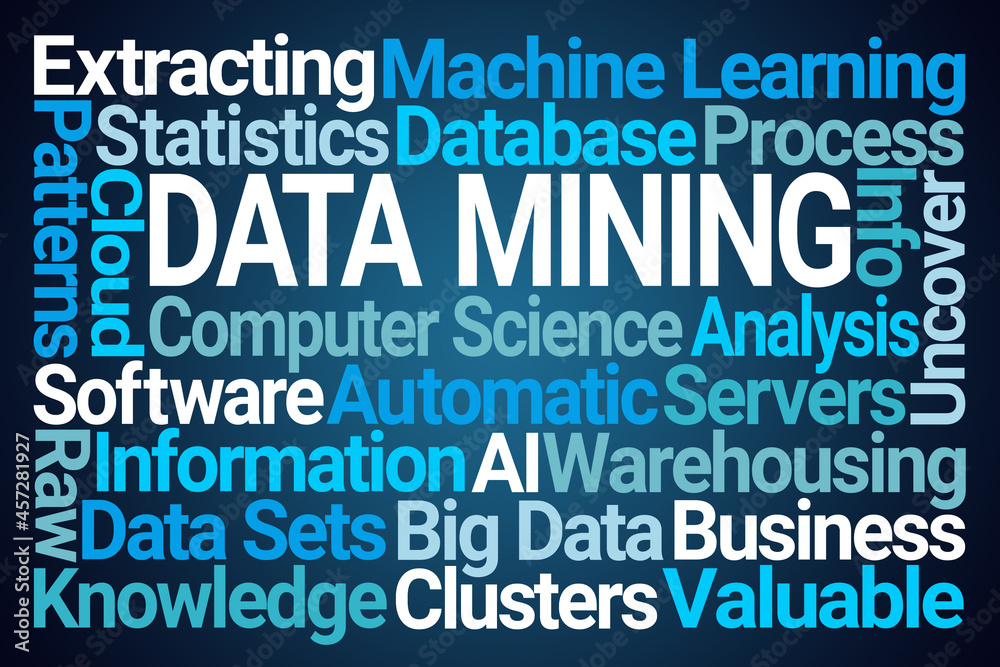 Data Mining Word Cloud on Blue Background Data Mining Word Cloud on Blue Background