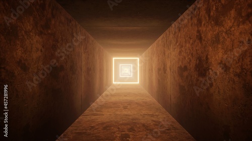 Glowing Square Light in the Grunge Metal Passage 3D Rendering