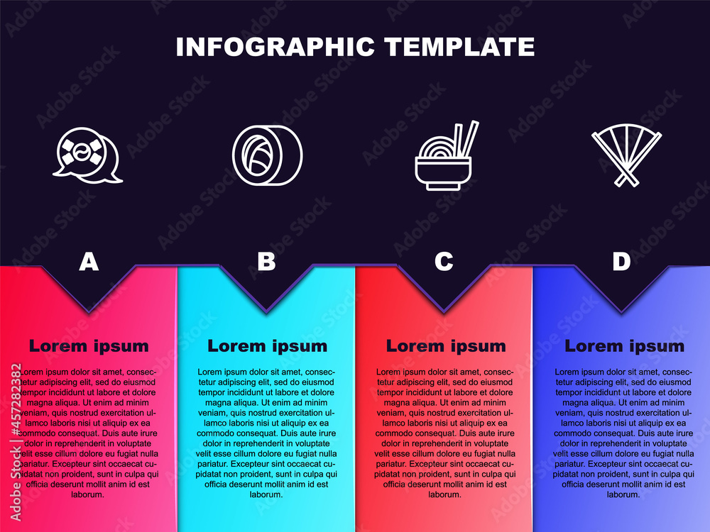 Fototapeta premium Set line South Korea flag, Sushi, Asian noodles in bowl and Traditional fan. Business infographic template. Vector