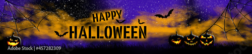 Happy Halloween banner. Orange   blue halloween illustration with scary pumpkins  spiders  spider webs and bats. Halloween countdown.