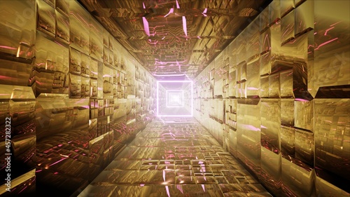 Obraz na plátně Glowing Square Shape Neon Pink Light in the High Reflection Gold Tunnel 3D Rende