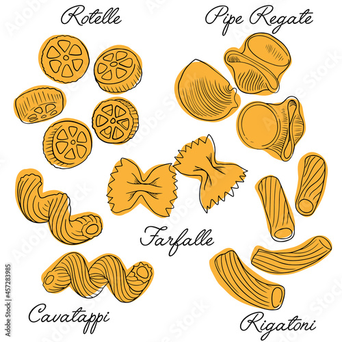 Set of different Pasta types for menu or package design. Vector illustration