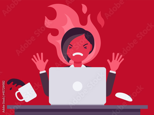 Businesswoman working with laptop flamed in anger. Burnout, office worker losing temper in annoyance, rage, displeasure with work, overworked employee, computer damage or harm. Vector illustration