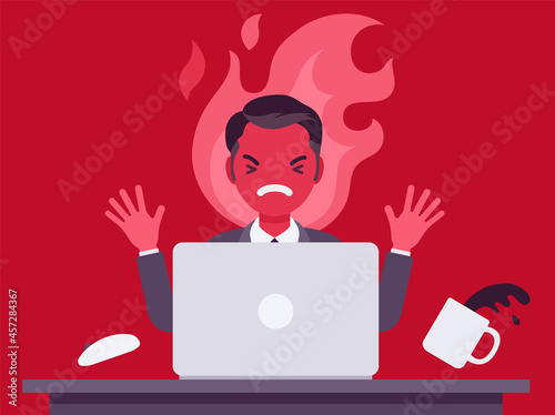 Businessman working with laptop flamed in anger. Burnout, office worker losing temper in annoyance, rage, displeasure with work, overworked employee, computer damage or harm. Vector illustration