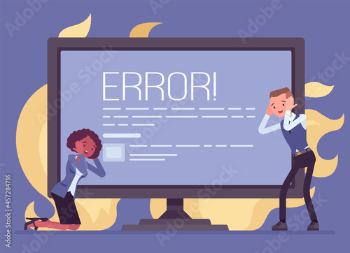 Computer blue screen of death, stop error, fatal system problem. Frustrated office male, black female clerk in panic with device crash, hardware failure, software stop working. Vector illustration