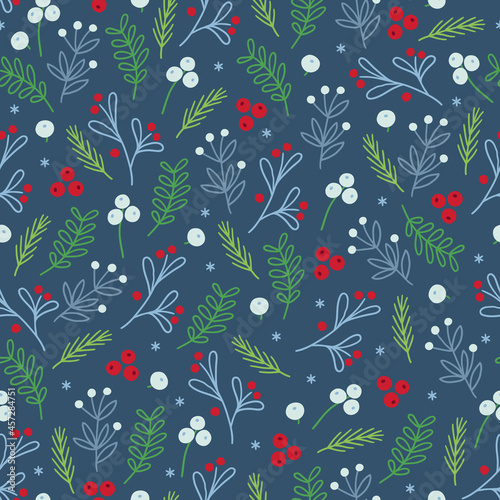 Christmas seamless pattern with berries, leaves, fir branches. Vector illustration
