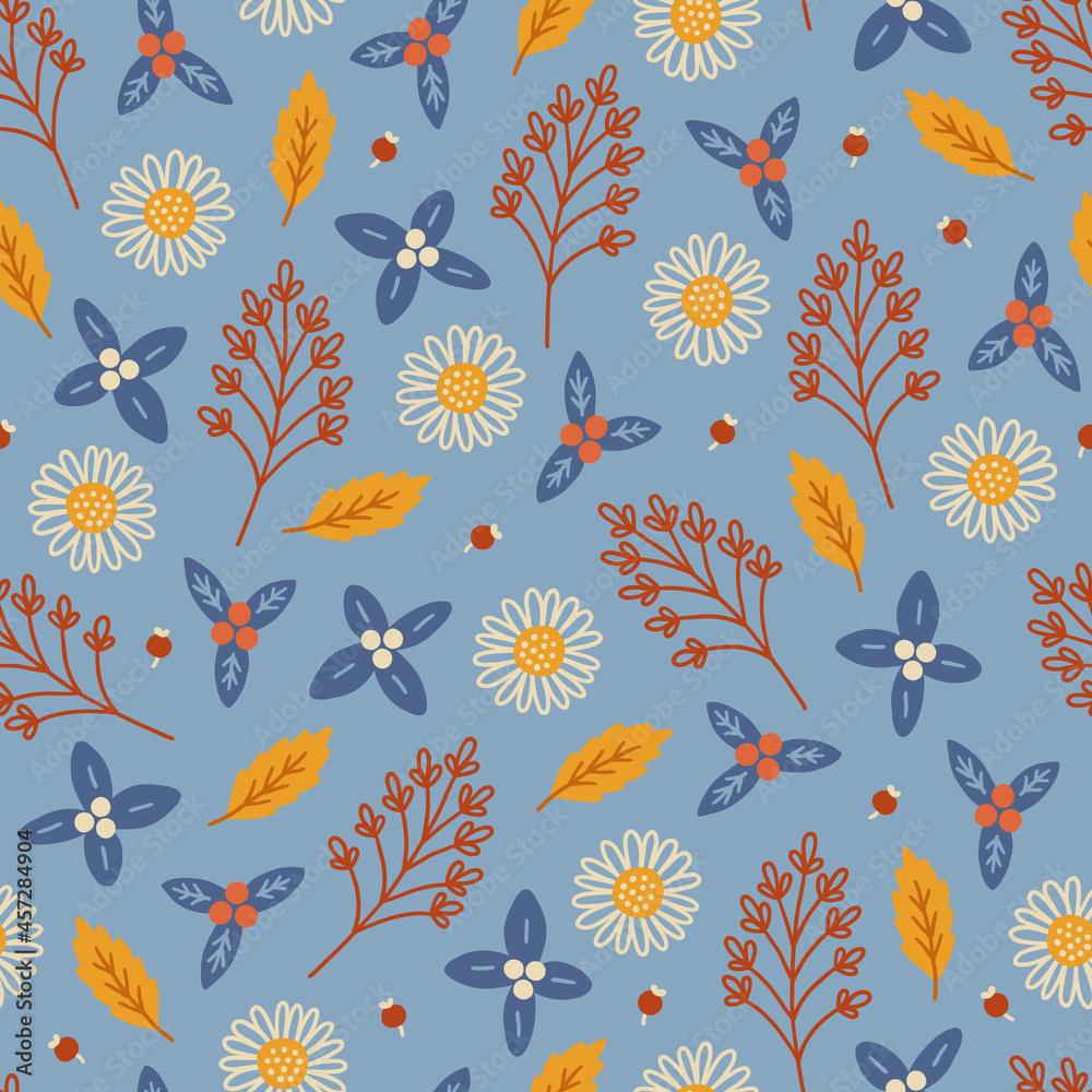 Autumn seamless pattern with berries, chamomile, fall leaves, branches