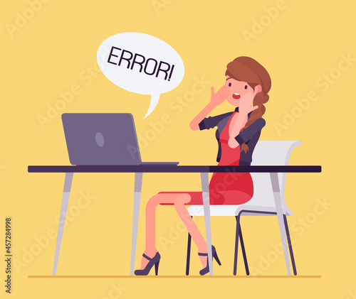 Office female clerk afraid of computer failure, hardware, software error. Businessman in frustration, panic, employee at working desk, data, internet network problem, malfunction. Vector illustration