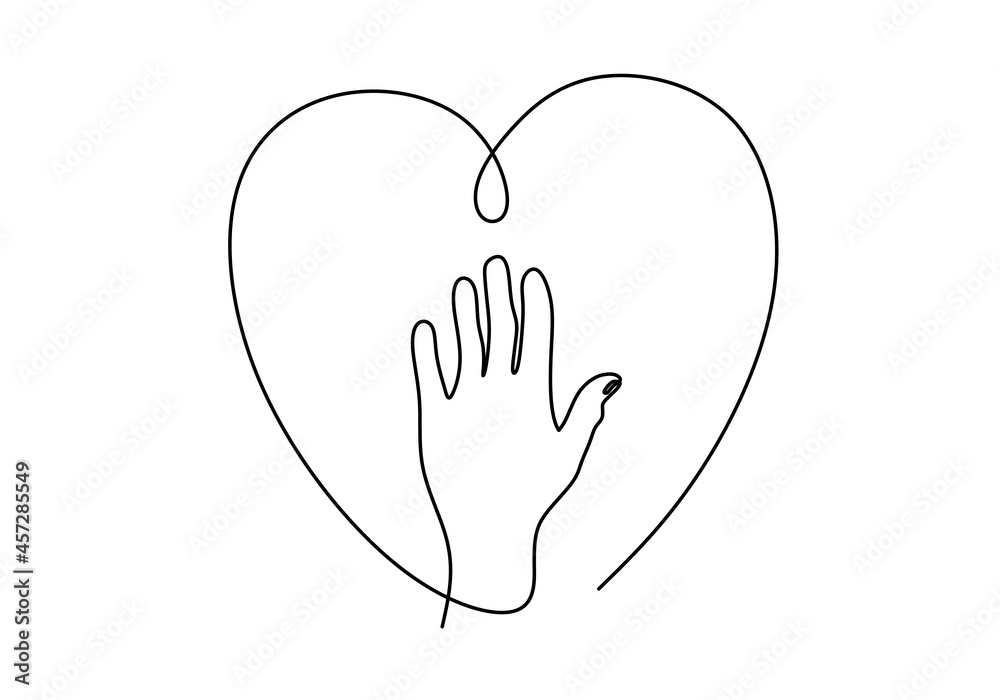 Continuous single line drawing of opened hand with heart shaped line art around. charity day concept isolated on white background. Continuous single line drawing of opened hand with heart shaped line art around. charity day concept isolated on white background.