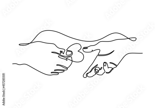 Continuous one line drawing of parent giving love heart shaped to child. Mom and dad loving care parenting concept. Family insurance sign symbol. Charity day one line.