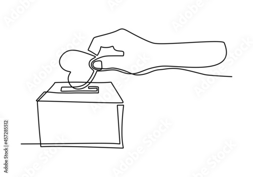 Continuous one line drawing of parent giving love heart shaped to charity box. Family insurance sign symbol. Charity day one line.