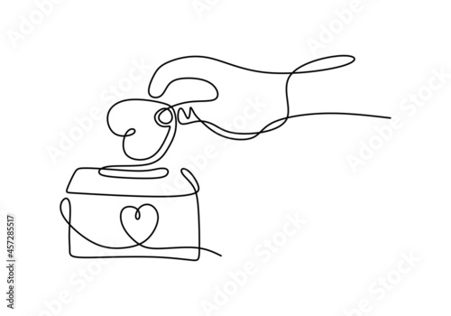 Continuous one line drawing of parent giving love heart shaped to love shaped box. Family insurance sign symbol. Charity day one line isolated on white background. photo
