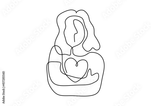 Continuous single line drawing of woman hug heart shaped object. Girl bring heart on her chest. charity day concept isolated on white background.
