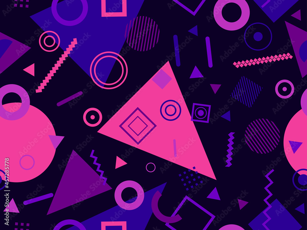 Memphis seamless pattern. Geometric elements memphis in the style of 80's. Composition of triangles, zigzags and circles. Background for brochures, banners and prints. Vector illustration