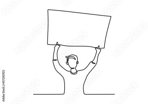 Continuous one line drawing of a man lifting demonstration board. Democracy day one line concept isolated on white background.
