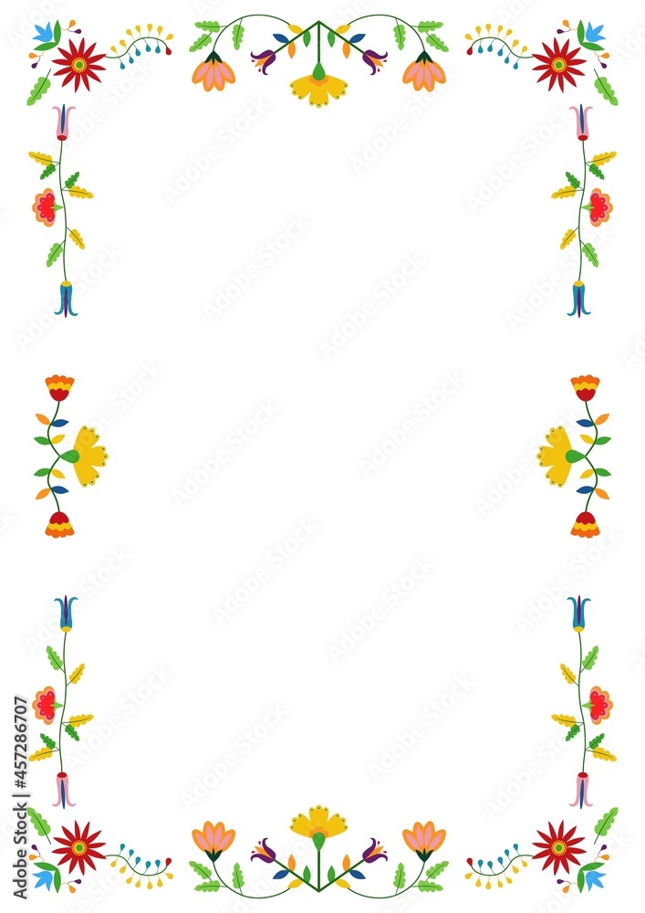 Mexican Otomi, Tenango embroidery style frame. Ethnic floral design. For fiesta invitation, greeting card, banner, flyer. Mexican Otomi, Tenango embroidery style frame. Ethnic floral design. For fiesta invitation, greeting card, banner, flyer.