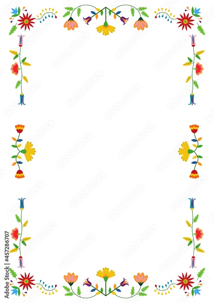 Mexican Otomi, Tenango embroidery style frame. Ethnic floral design. For fiesta invitation, greeting card, banner, flyer.