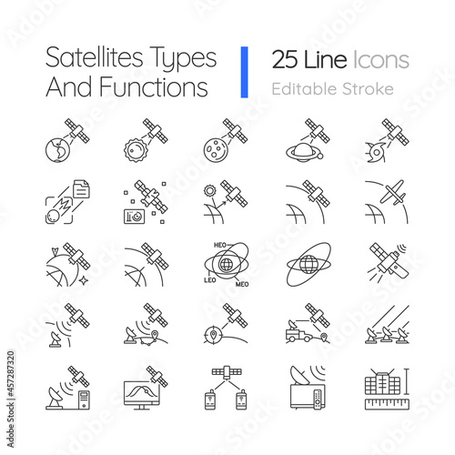 Satellites types linear icons set. Celestial bodies observation  exploration perfomance. Customizable thin line contour symbols. Isolated vector outline illustrations. Editable stroke