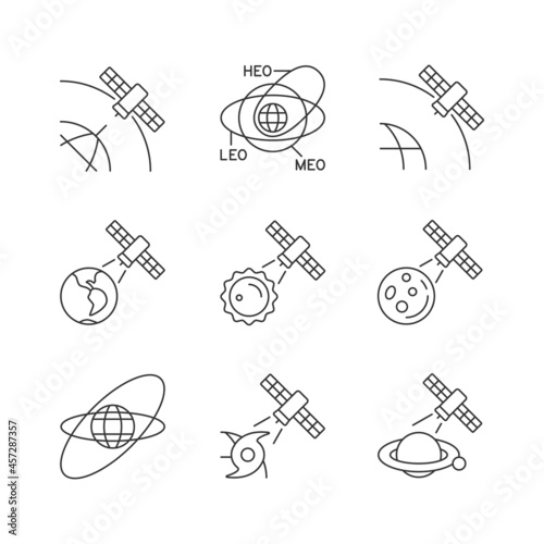 Satellites functions linear icons set. Global telecommunications network connection, signal. Customizable thin line contour symbols. Isolated vector outline illustrations. Editable stroke
