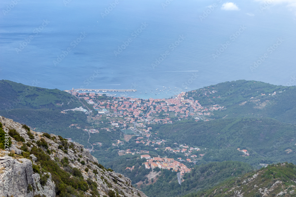 Landscape aerial view of Isola d'Elba seen from the top of Monte Capanne the highest peak in the island, reachable by cableway.