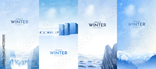 Vector illustration. Flat winter landscape. Snowy backgrounds set. Snowdrifts. Snowfall. Clear blue sky. Blizzard. Design elements for card, invitation, social media stories, discount voucher, flyers