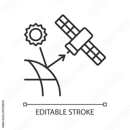 Remote sensing satellite linear icon. Digital Earth conceptualization. Planet replica creating. Thin line customizable illustration. Contour symbol. Vector isolated outline drawing. Editable stroke