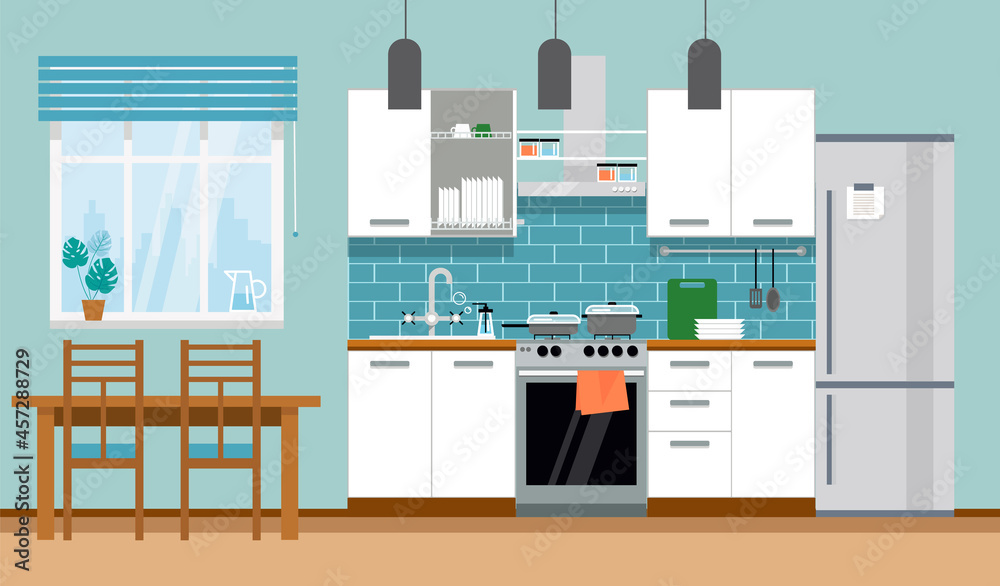 Modern cozy kitchen interior with dining area, flat style, vector graphic design template Modern cozy kitchen interior with dining area, flat style, vector graphic design template