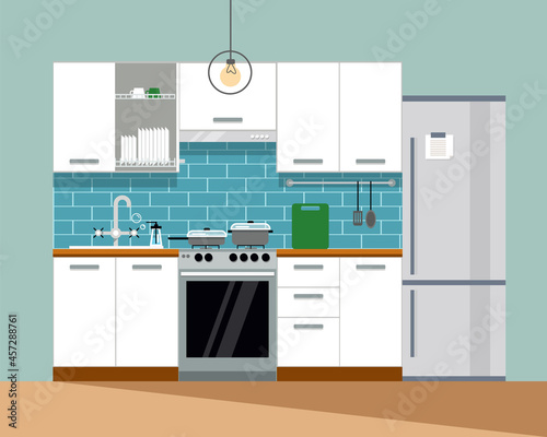 Modern cozy kitchen interior. Furniture and stove, dishes, fridge and utensils. Flat style, vector graphic design template.