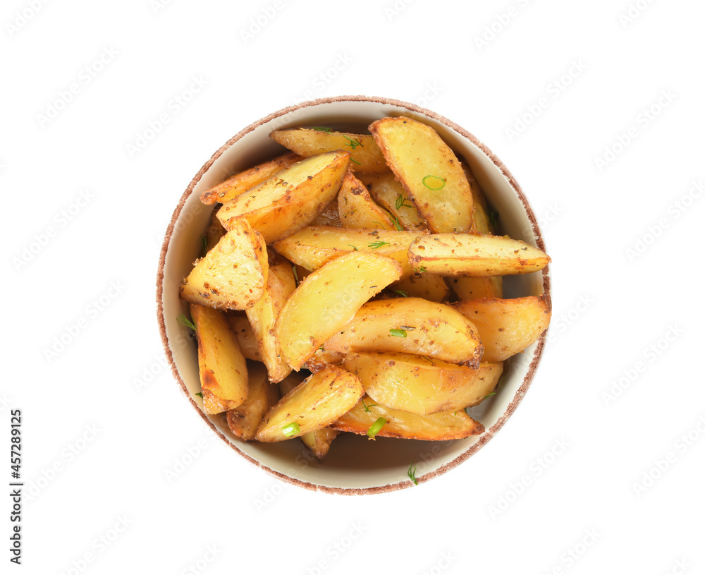 Bowl with tasty baked potato on white background Bowl with tasty baked potato on white background