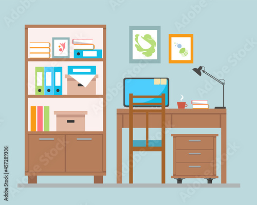 Flat design vector illustration of home workplace, workspace with computer. Flat colorful minimalistic style. Work room interior. Vector illustration
