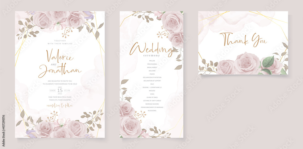 Elegant wedding invitation card with hand drawn soft flower and leaves