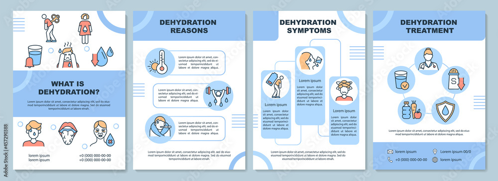 Dehydration brochure template. Water loss reasons and symptoms. Flyer, booklet, leaflet print, cover design with linear icons. Vector layouts for presentation, annual reports, advertisement pages - obrazy, fototapety, plakaty 
