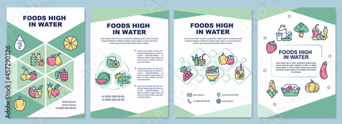 Foods high in water brochure template. Vegetables and fruits. Flyer, booklet, leaflet print, cover design with linear icons. Vector layouts for presentation, annual reports, advertisement pages