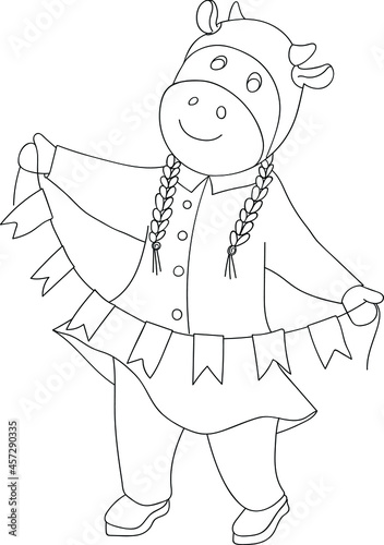 Cute cow in a hat holds flags