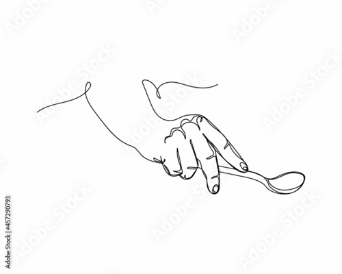 Continuous one line drawing of hand holds cutlery spoon icon in silhouette on a white background. Linear stylized.