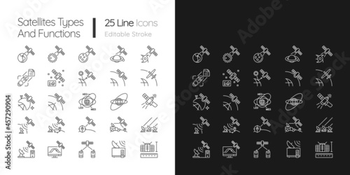 Satellites types linear icons set for dark and light mode. Celestial bodies observation, exploration system. Customizable thin line symbols. Isolated vector outline illustrations. Editable stroke