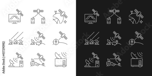 Artificial satellites linear icons set for dark and light mode. Satellite tracking, positioning system. Customizable thin line symbols. Isolated vector outline illustrations. Editable stroke