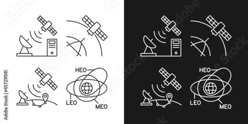 Satellite radionavigation linear icons set for dark and light mode. Transmission Control Protocol standarts. Customizable thin line symbols. Isolated vector outline illustrations. Editable stroke
