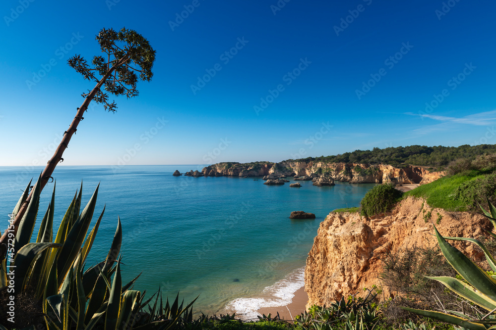 Scenic view of the Alemao Beach (Praia do Alemao) in Portimao, Algarve, Portugal; Concept for summer beach vacations and travel in Portugal
