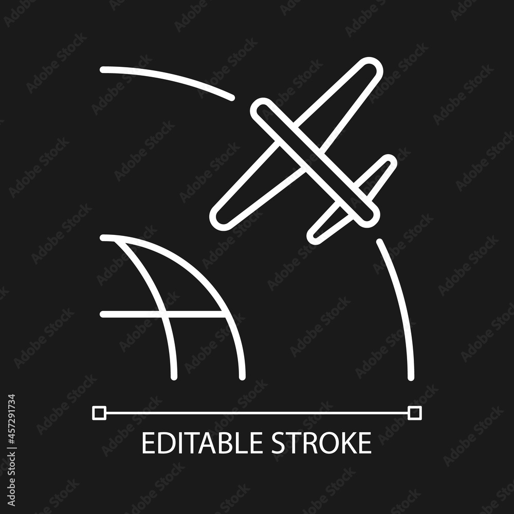 Drone Satellite white linear icon for dark theme. Rotation of drone satelite in geostationary orbit. Thin line customizable illustration. Isolated vector contour symbol for night mode. Editable stroke