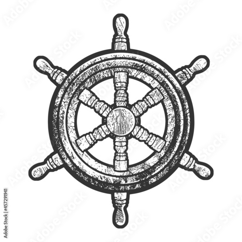 vintage wooden ship steering wheel sketch engraving vector illustration. T-shirt apparel print design. Scratch board imitation. Black and white hand drawn image.