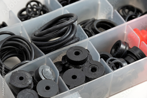 rubber gaskets. plumbing pad. isolated. set of rubber gaskets. O-ring sealing rubber for repairing hydraulic system