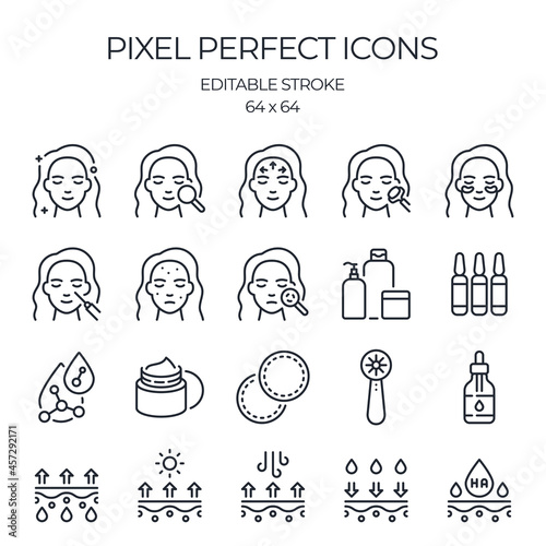 Skin care and health related editable stroke outline icons set isolated on white background flat vector illustration. Pixel perfect. 64 x 64.