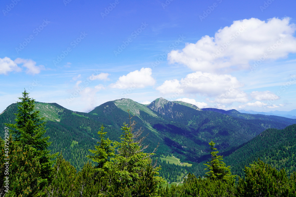 Wank mountain peaks near Garmisch-Partenkirchen, Bavaria. View from above of the surrounding landscape with mountains.