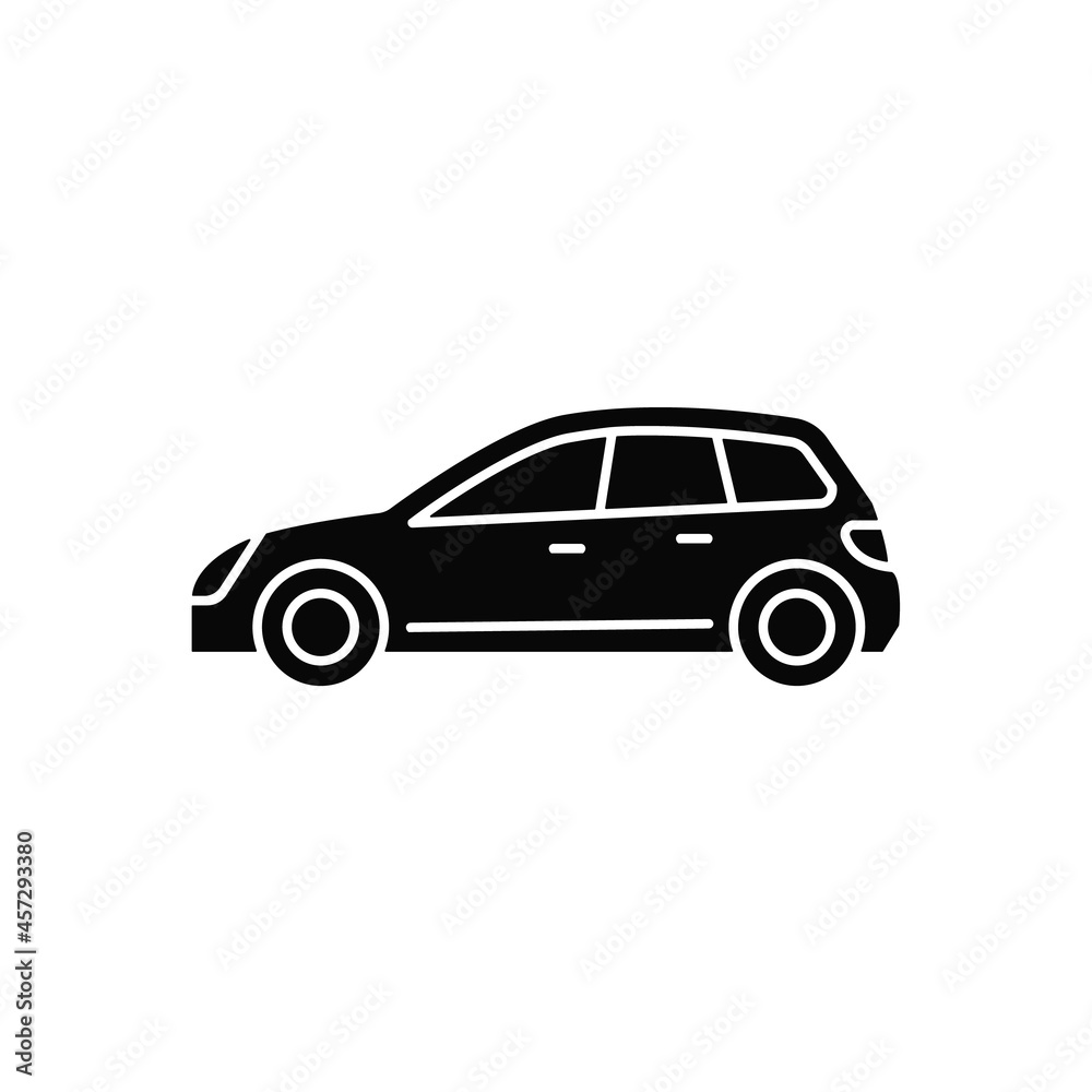 Hatchback black glyph icon. Cheap sports car. Auto with two-box design. Access to cargo area. Vehicle with hinged rear door. Silhouette symbol on white space. Vector isolated illustration