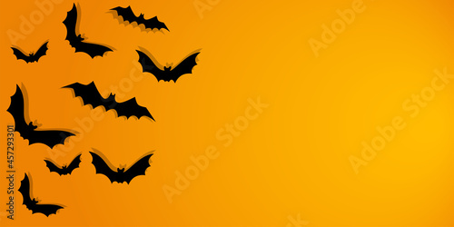 Vector. Halloween background with bats, holiday decorations. Flying bats with shadows. Halloween party invitation card mockup. Happy Halloween banner design. Flat lay, top view, copy space.