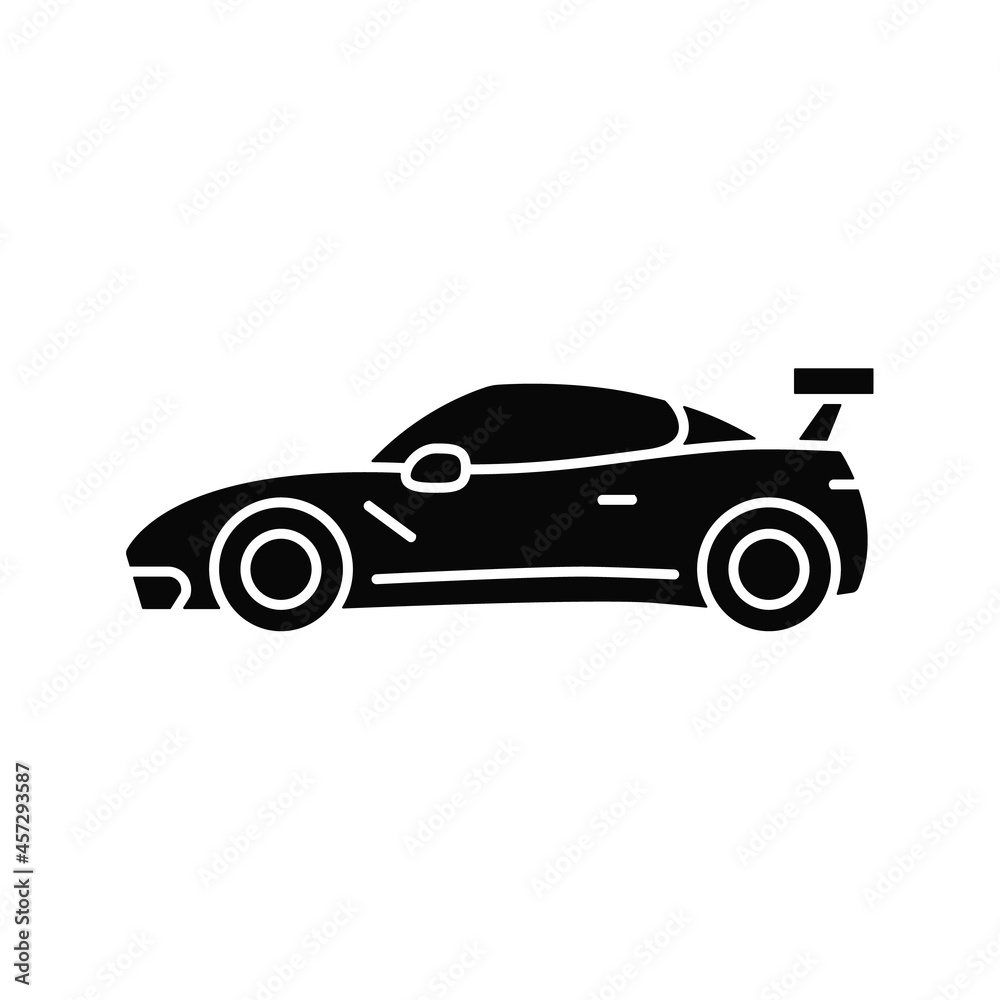 Customized sports car black glyph icon. Designing vehicle for street racing. Upgrading automobile performance. Aftermarket accessories. Silhouette symbol on white space. Vector isolated illustration